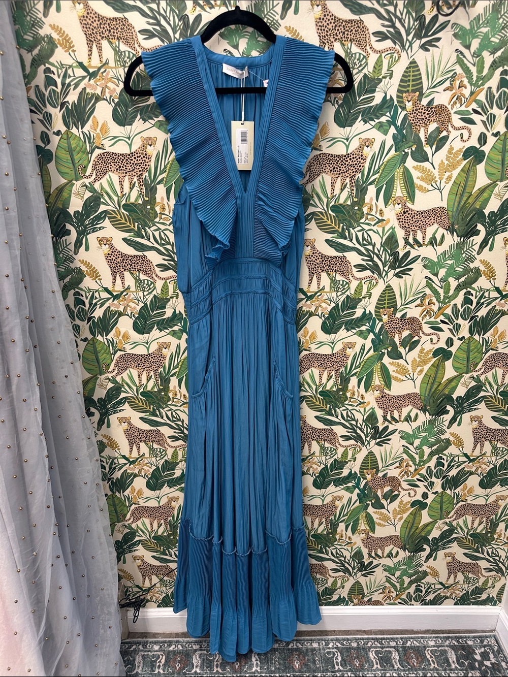 Ramy Brook Teal Pleated Maxi Dress with Ruffle V-Neck